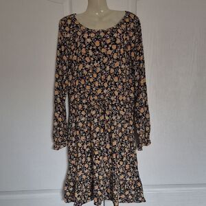 LOFT Black and Yellow Floral Long Sleeve Dress